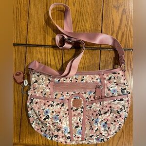 EUC Kipling Shoulder Bag, dusty rose floral pattern, adjustable strap, pockets